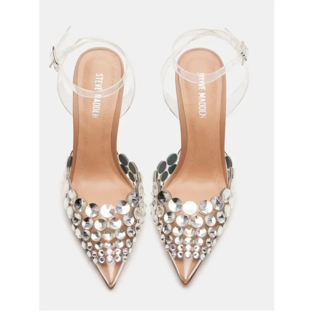 Steve Manden Clear Transparent Pointed-Toe Ankle Strap Rhinestone Stiletto 6.5